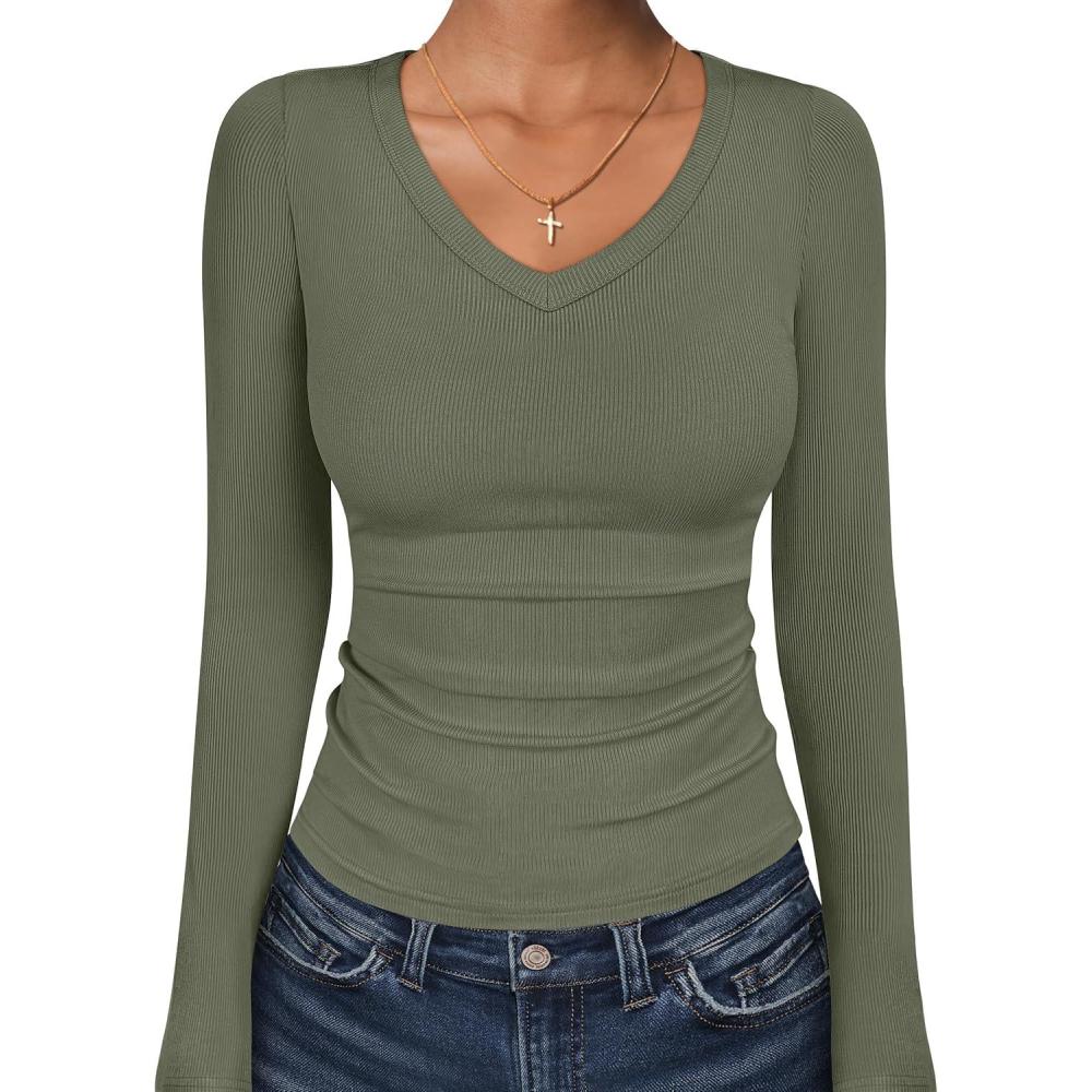 imageANRABESS Long Sleeve Shirts for Women V Neck Ribbed Knit Fitted Fall Basic Tshirts Going Out Tops 2025 Casual Trendy ClothesArmy Green