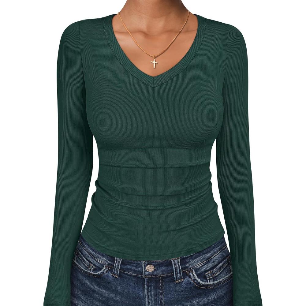 imageANRABESS Long Sleeve Shirts for Women V Neck Ribbed Knit Fitted Fall Basic Tshirts Going Out Tops 2025 Casual Trendy ClothesDeep Green