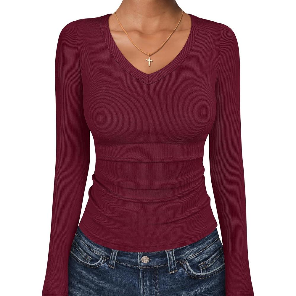 imageANRABESS Long Sleeve Shirts for Women V Neck Ribbed Knit Fitted Fall Basic Tshirts Going Out Tops 2025 Casual Trendy ClothesDeep Red