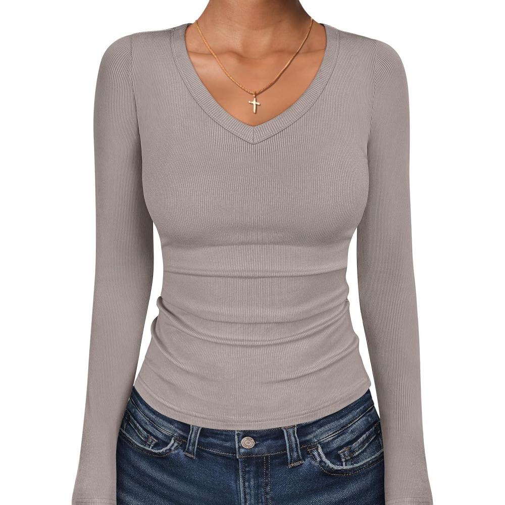 imageANRABESS Long Sleeve Shirts for Women V Neck Ribbed Knit Fitted Fall Basic Tshirts Going Out Tops 2025 Casual Trendy ClothesGray Khaki