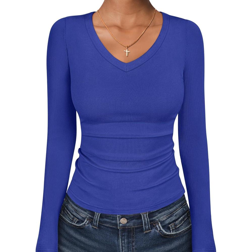 imageANRABESS Long Sleeve Shirts for Women V Neck Ribbed Knit Fitted Fall Basic Tshirts Going Out Tops 2025 Casual Trendy ClothesRoyal Blue