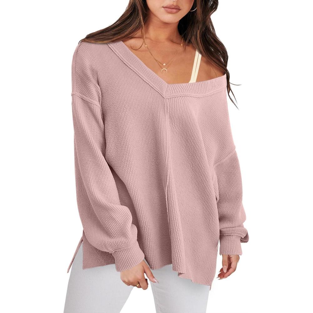 imageANRABESS Oversized Long Sleeve Shirts for Women Off the Shoulder Sweatshirt Loose V Neck Tunic Tops High Low Sweater 2025Pink