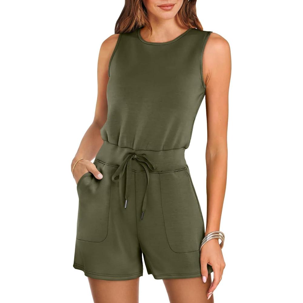 imageANRABESS Romper for Women Short Jumpsuit Summer Casual Dressy Sleeveless Outfits Beach Vacation 2025 Trendy One Piece ClothesArmy Green