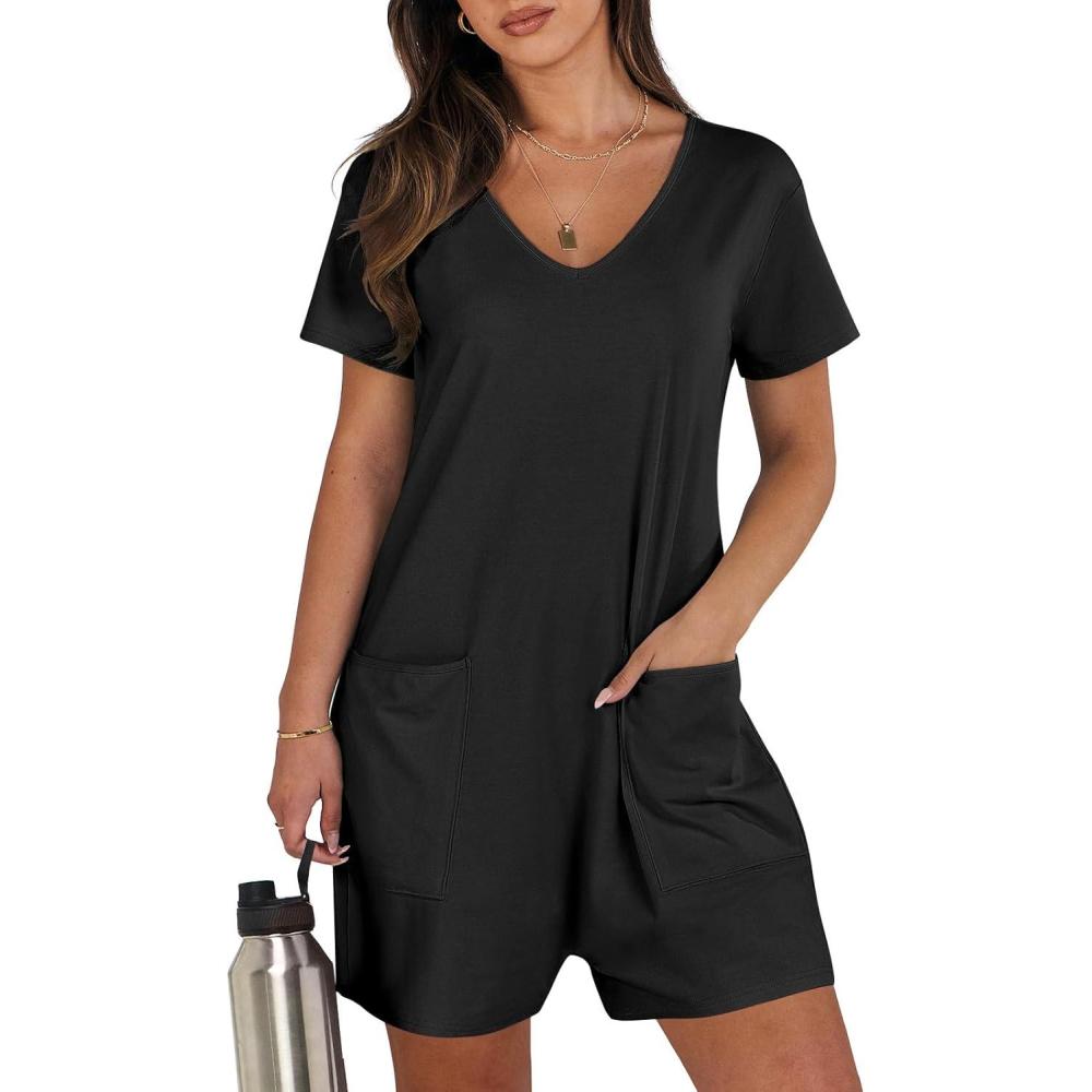 imageANRABESS Rompers for Women Summer Casual Short Sleeve Jumpsuits V Neck Loose Fit One Piece Outfits with Pockets 2025 ClothesBlack