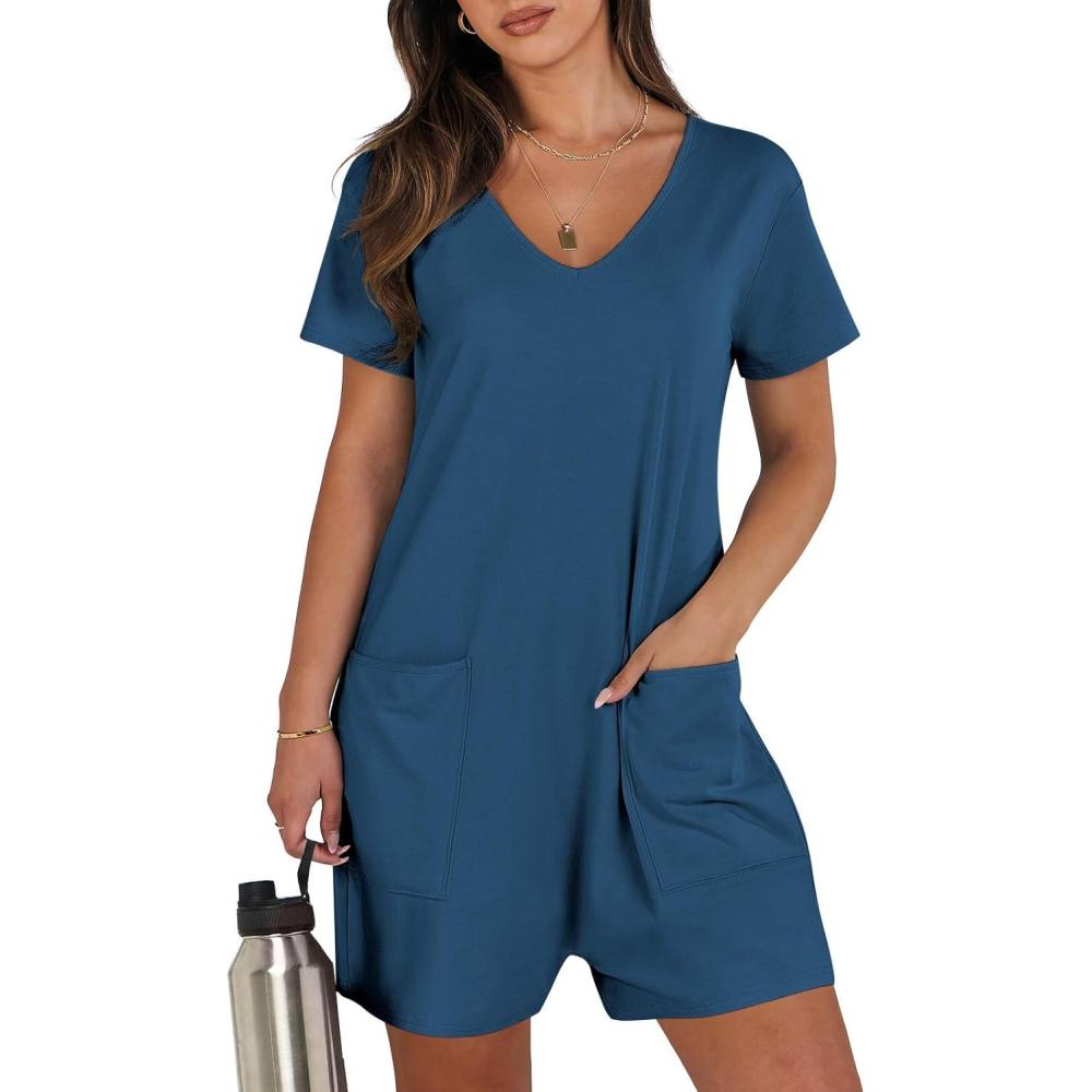 imageANRABESS Rompers for Women Summer Casual Short Sleeve Jumpsuits V Neck Loose Fit One Piece Outfits with Pockets 2025 ClothesBlue