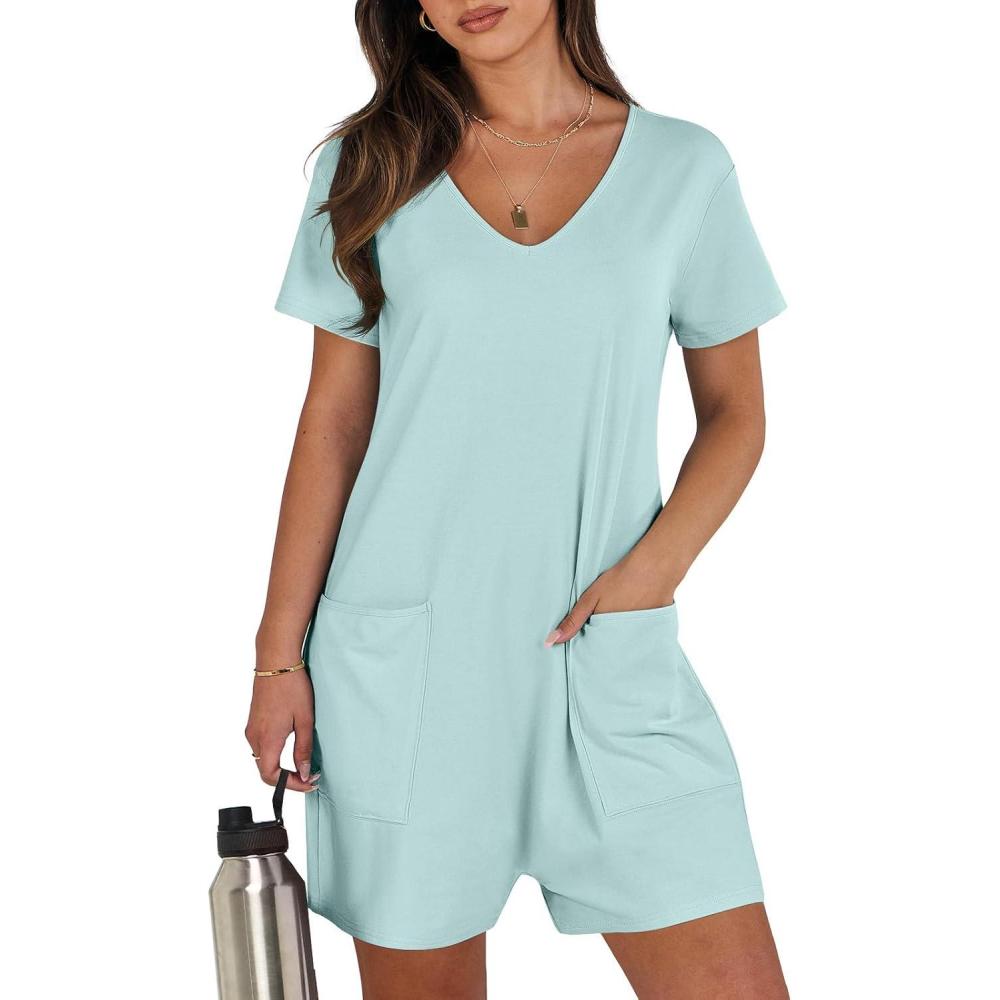 imageANRABESS Rompers for Women Summer Casual Short Sleeve Jumpsuits V Neck Loose Fit One Piece Outfits with Pockets 2025 ClothesMint Green