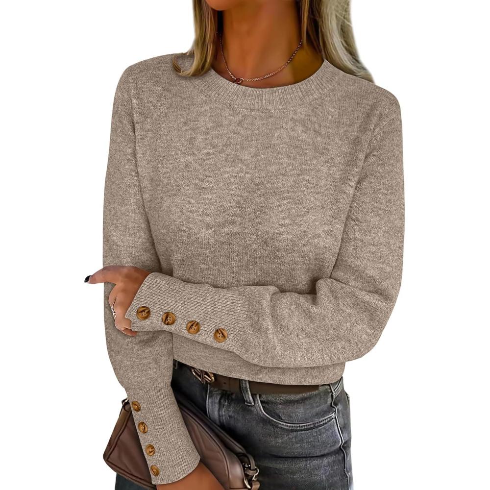imageANRABESS Sweaters for Women Long Sleeve Crewneck Casual Loose Wool Blend Soft Knit Pullover Tops 2025 Fall Fashion OutfitsLight Khaki