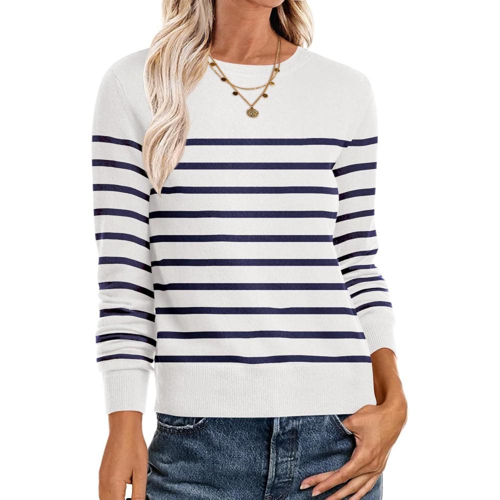 imageANRABESS Sweaters for Women Long Sleeve Lightweight Crewneck Soft Basic Knit Loose Fit Pullover Top 2025 Fall Trendy OutfitsWhite Navy Blue