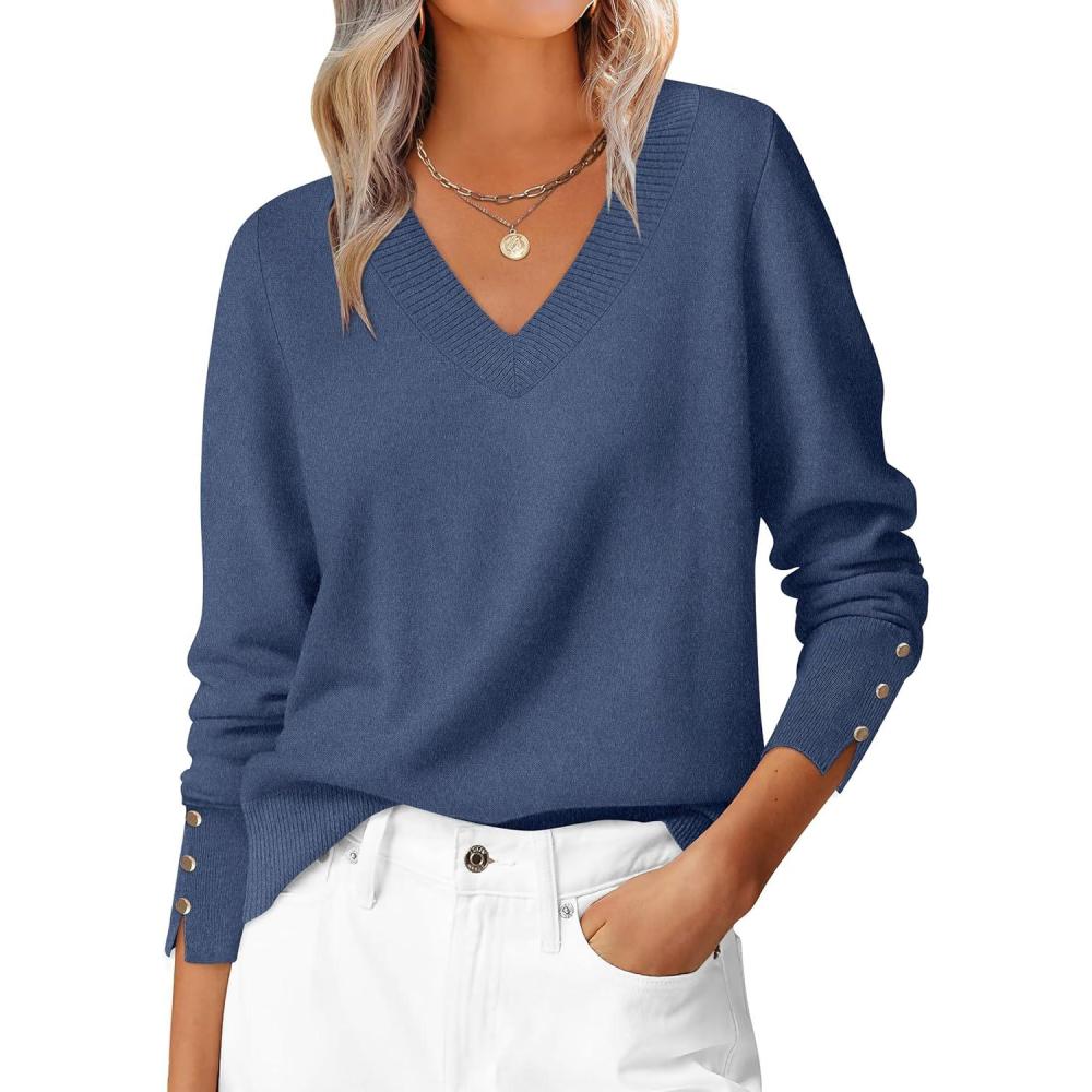 imageANRABESS Sweaters for Women Long Sleeve V Neck Shirts Business Casual Work Blouses 2025 Fall Loose Knit Pullover Sweater TopsDeep Blue