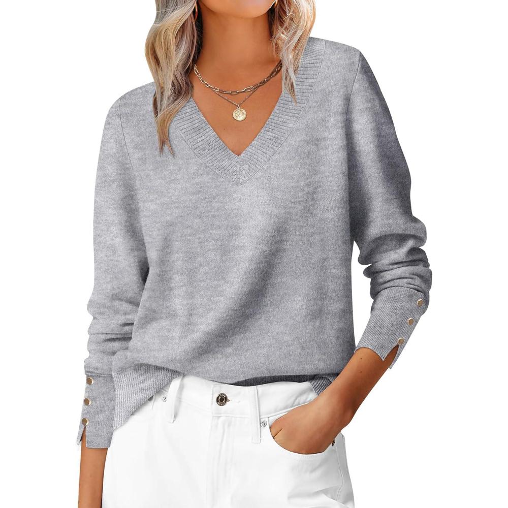 imageANRABESS Sweaters for Women Long Sleeve V Neck Shirts Business Casual Work Blouses 2025 Fall Loose Knit Pullover Sweater TopsLight Gray