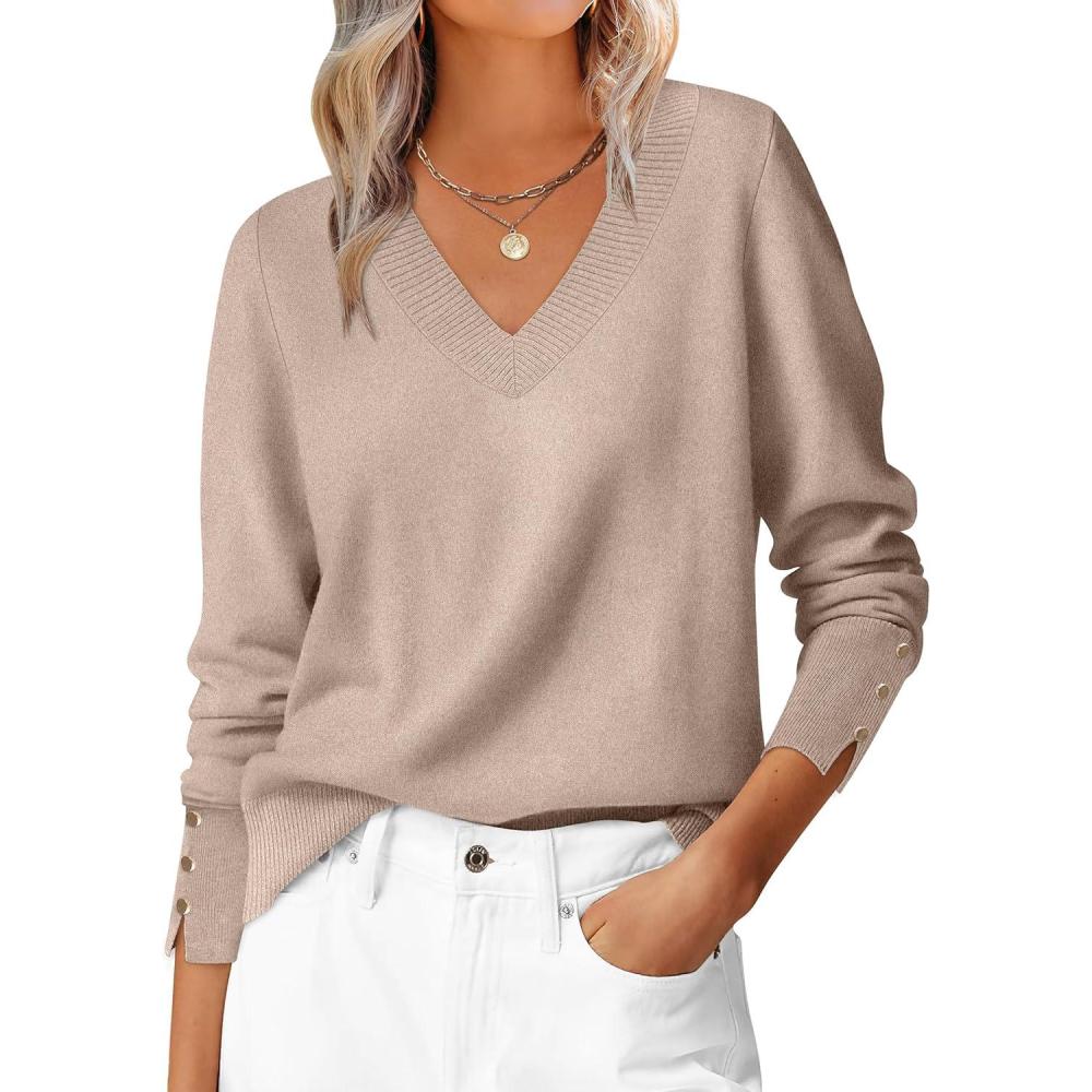imageANRABESS Sweaters for Women Long Sleeve V Neck Shirts Business Casual Work Blouses 2025 Fall Loose Knit Pullover Sweater TopsTan
