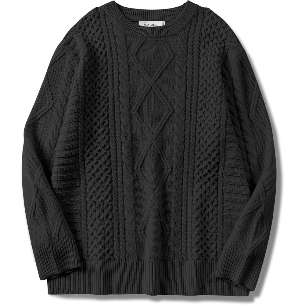 imageANRABESS Sweaters for Women Oversized Cable Knit Fall Long Sleeve Crewneck Casual Pullover Sweater Tops 2025 Winter OutfitsBlack
