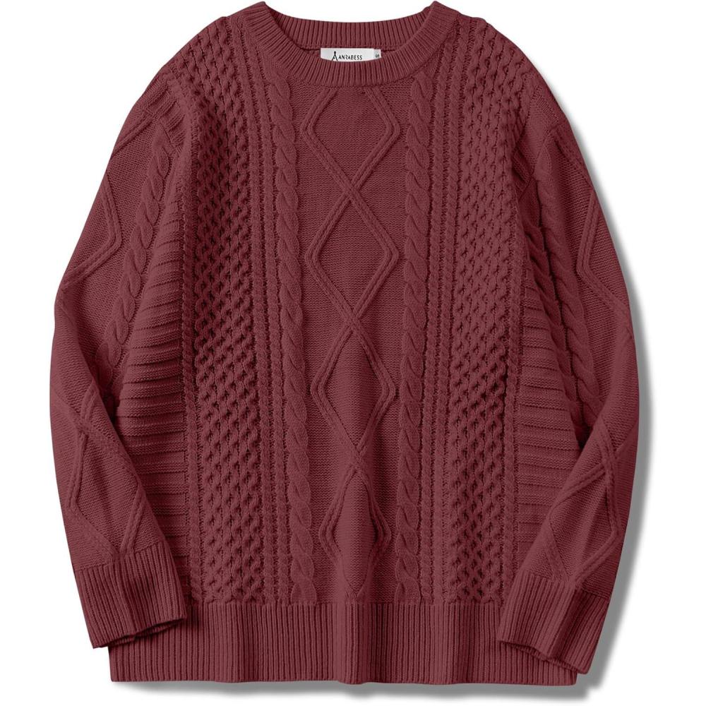 imageANRABESS Sweaters for Women Oversized Cable Knit Fall Long Sleeve Crewneck Casual Pullover Sweater Tops 2025 Winter OutfitsBright Burgundy