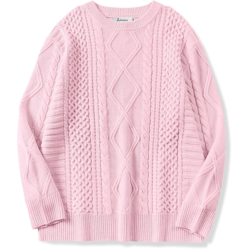 imageANRABESS Sweaters for Women Oversized Cable Knit Fall Long Sleeve Crewneck Casual Pullover Sweater Tops 2025 Winter OutfitsLight Pink