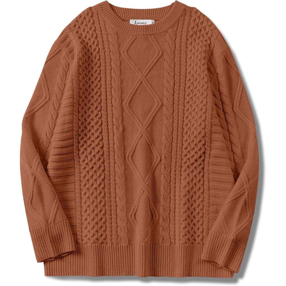 imageANRABESS Sweaters for Women Oversized Cable Knit Fall Long Sleeve Crewneck Casual Pullover Sweater Tops 2025 Winter OutfitsRust Orange