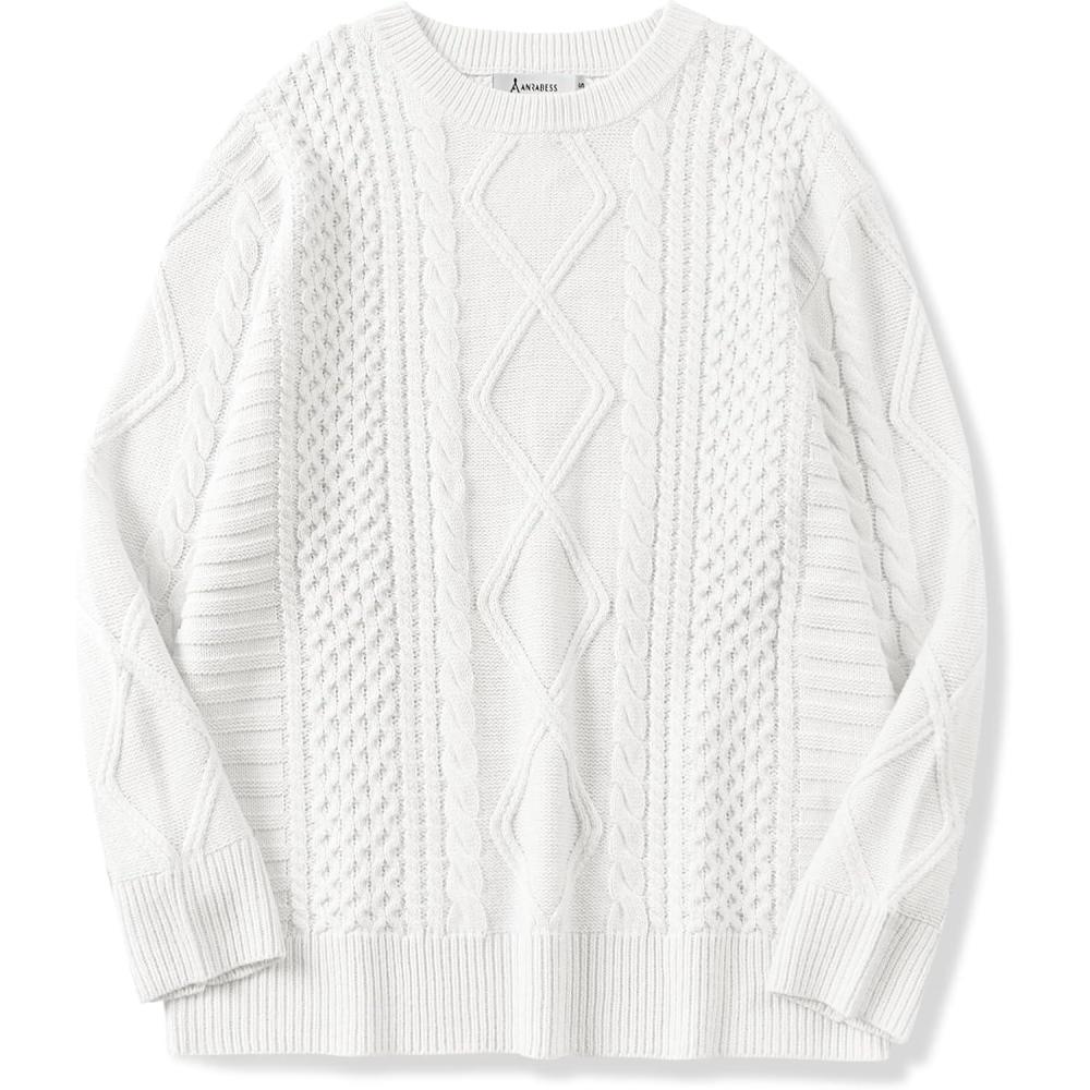 imageANRABESS Sweaters for Women Oversized Cable Knit Fall Long Sleeve Crewneck Casual Pullover Sweater Tops 2025 Winter OutfitsWhite Cream