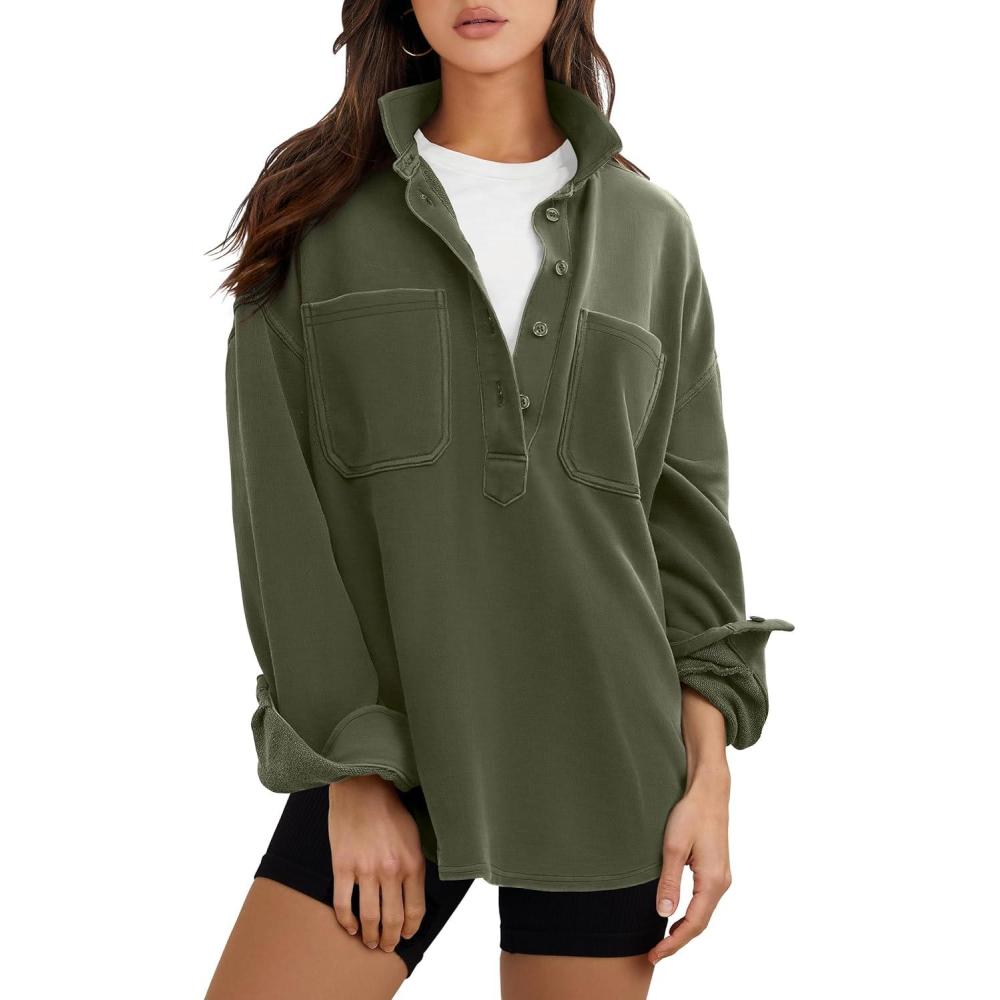 imageANRABESS Sweatshirt for Women Oversized Casual Long Sleeve Side Slit Button Lapel Polo Pullover Tunic Tops 2025 Fall OutfitsArmy Green