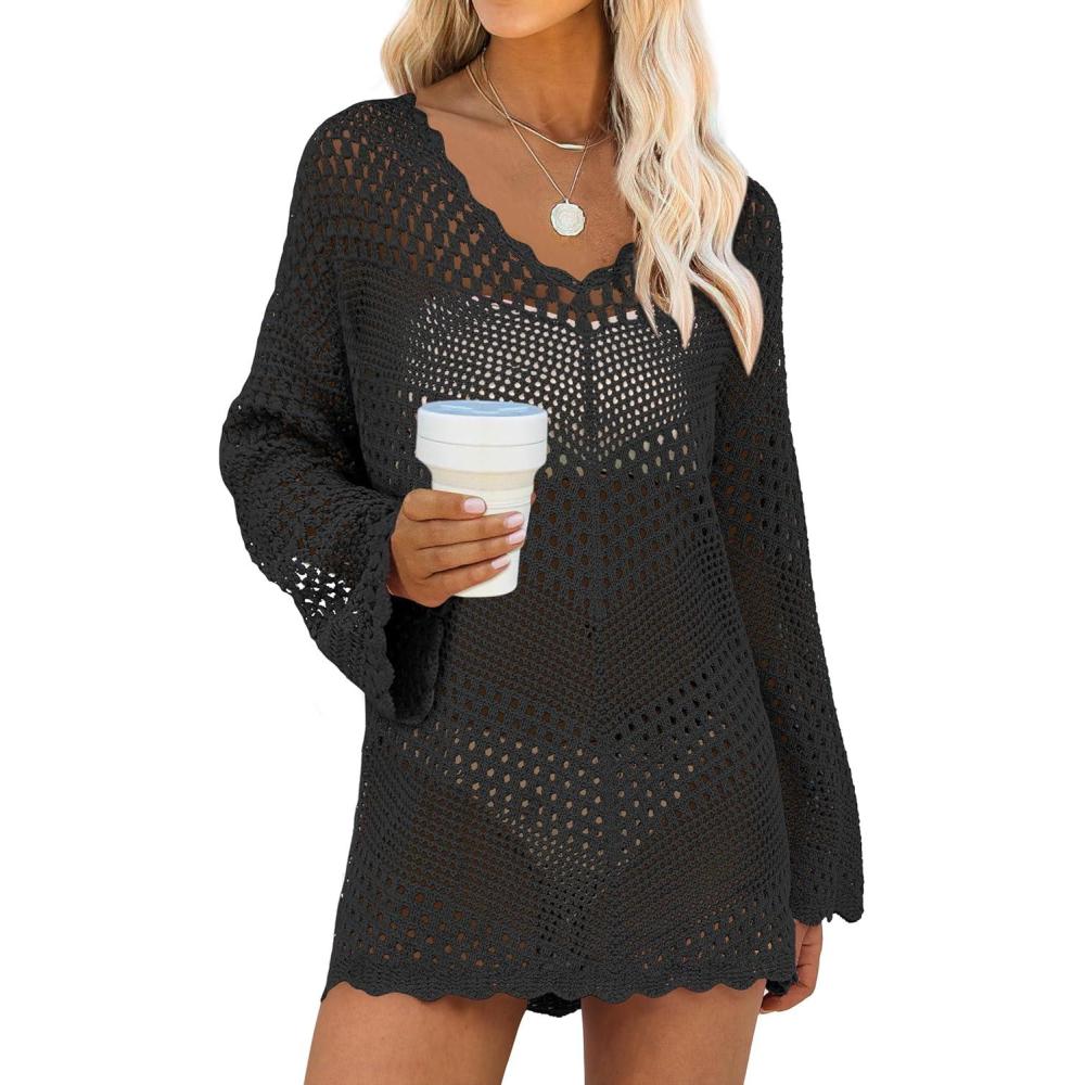imageANRABESS Swimsuit Cover Up for Women Crochet Bathing Suit 2026 Summer Swimwear V Neck Mesh Knit Beach Dress Vacation OutfitsBlack