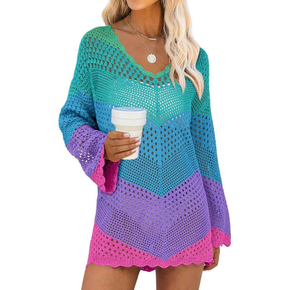 imageANRABESS Swimsuit Cover Up for Women Crochet Bathing Suit 2026 Summer Swimwear V Neck Mesh Knit Beach Dress Vacation OutfitsChevron Rainbow Stripes