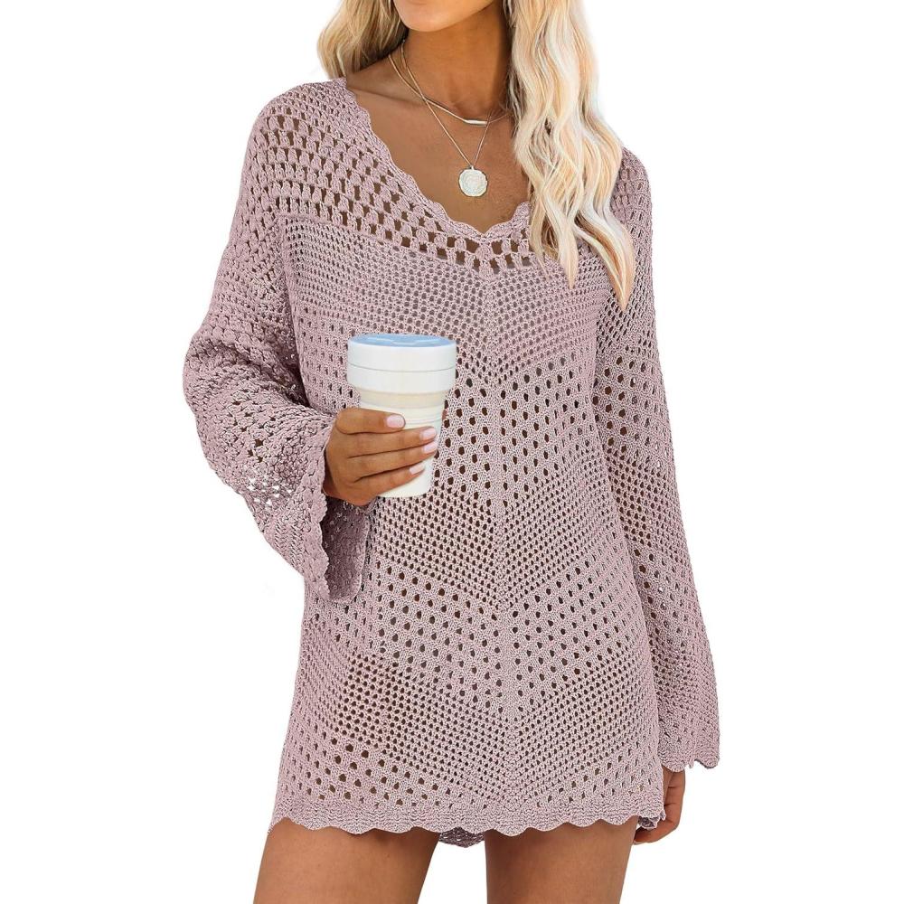 imageANRABESS Swimsuit Cover Up for Women Crochet Bathing Suit 2026 Summer Swimwear V Neck Mesh Knit Beach Dress Vacation OutfitsPink