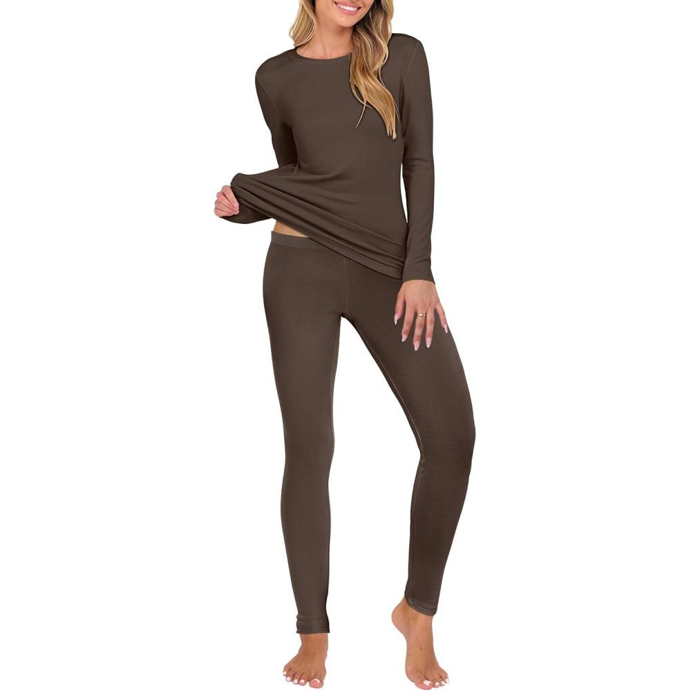 imageANRABESS Thermal Underwear for Women Long Johns Fleece Lined Base Layer Pajama Set Cold Weather Top Bottom Winter ClothingDark Brown