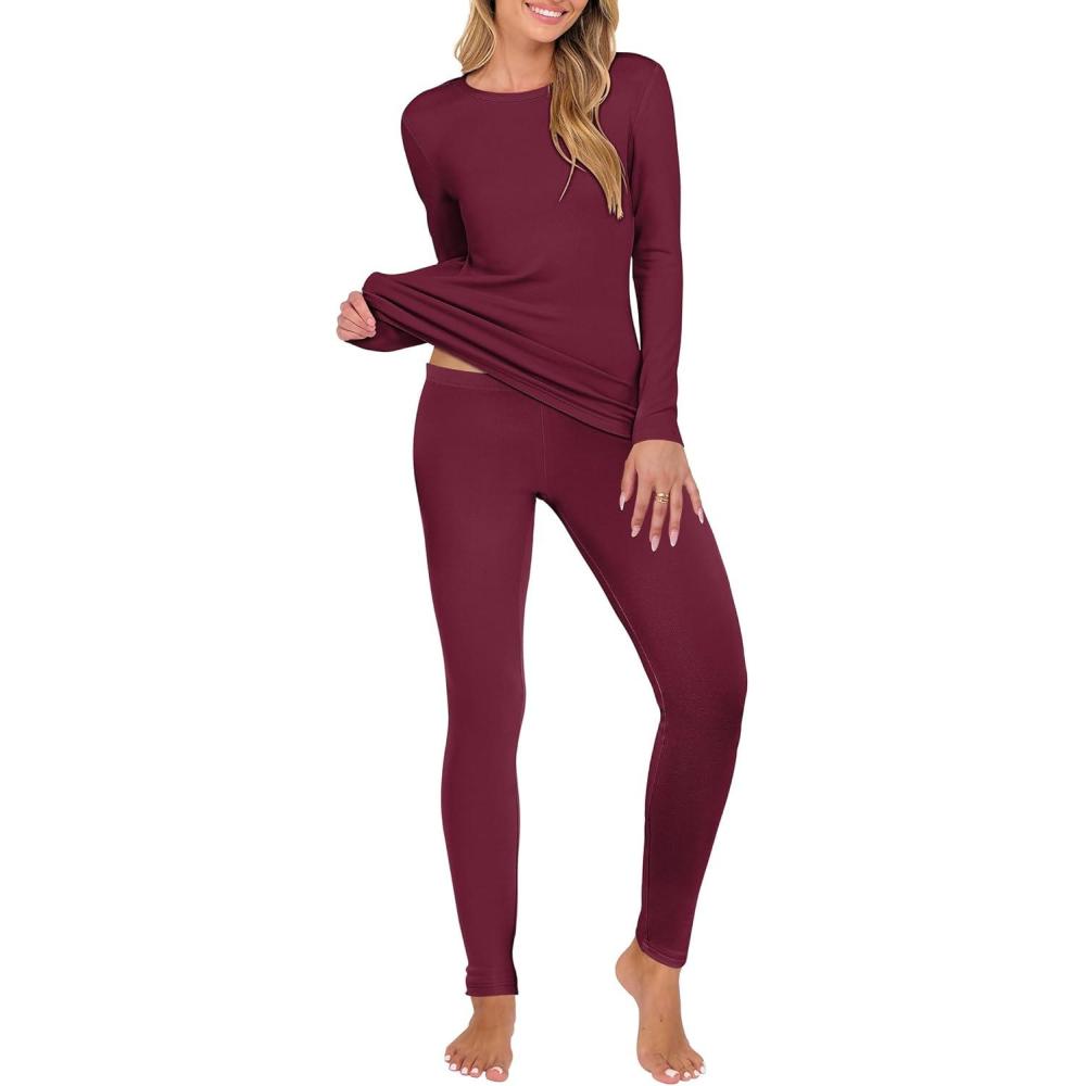 imageANRABESS Thermal Underwear for Women Long Johns Fleece Lined Base Layer Pajama Set Cold Weather Top Bottom Winter ClothingDark Red