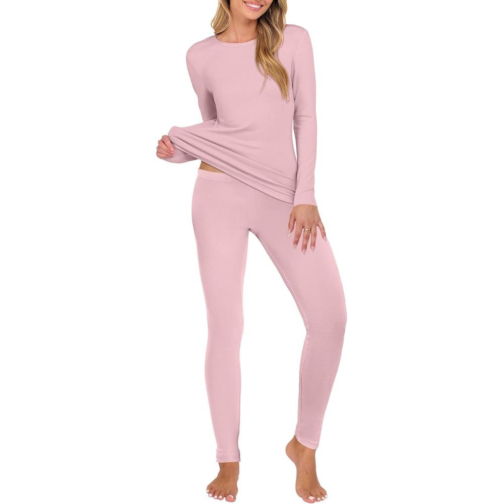 imageANRABESS Thermal Underwear for Women Long Johns Fleece Lined Base Layer Pajama Set Cold Weather Top Bottom Winter ClothingPink