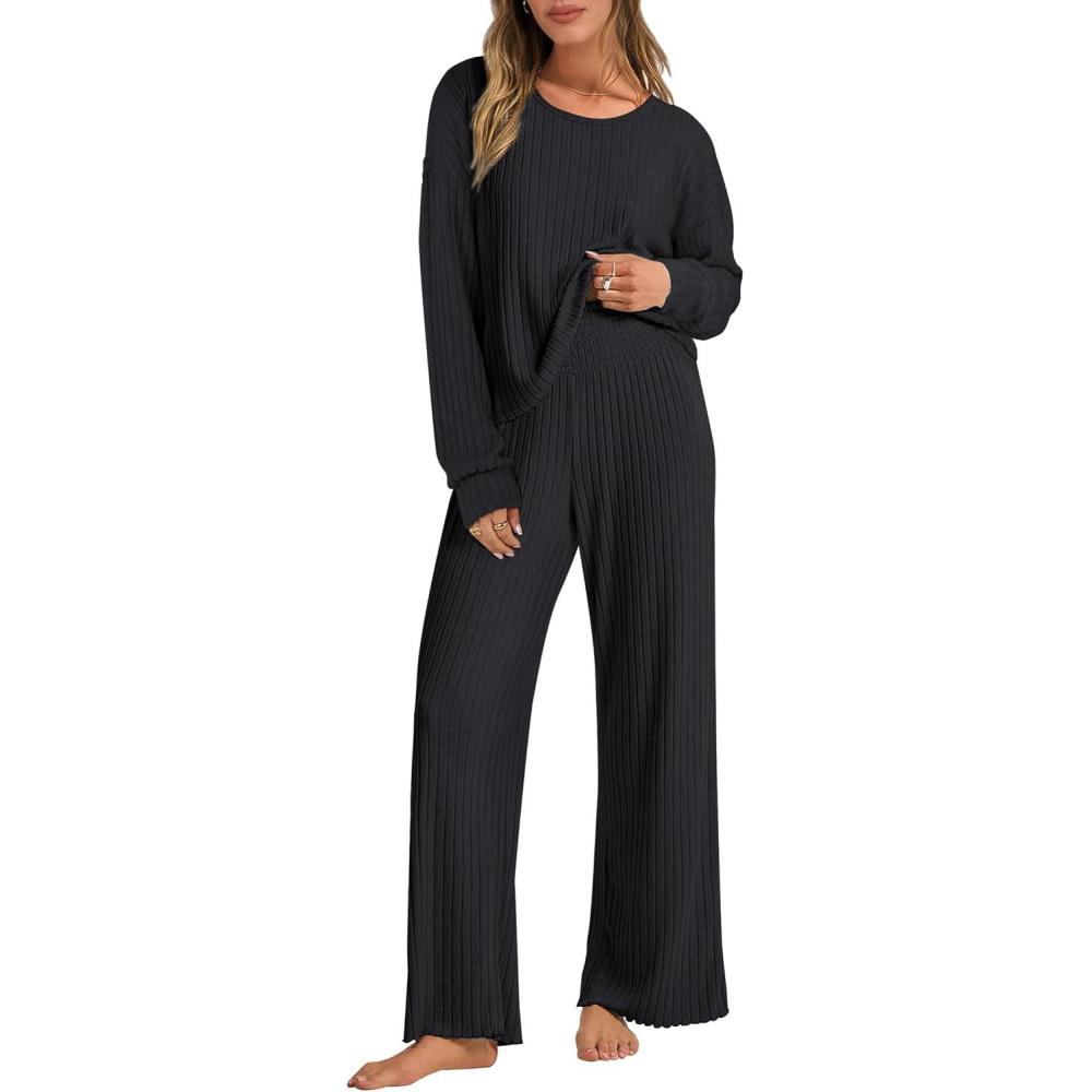imageANRABESS Women 2 Piece Lounge Pajamas Sets Casual Ribbed Knit Long Sleeve Top Pants Matching Set 2025 Fall Outfits ClothesBlack