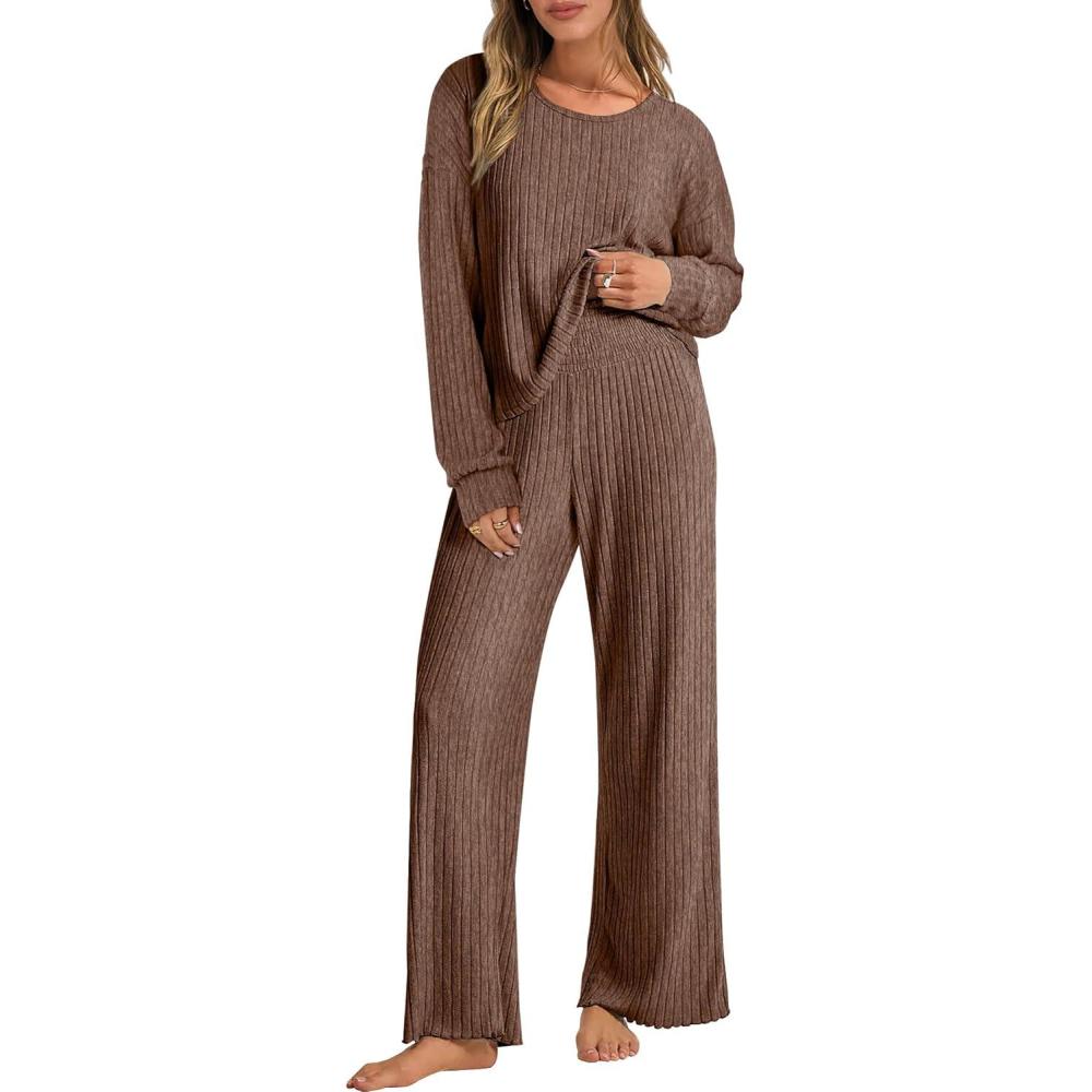 imageANRABESS Women 2 Piece Lounge Pajamas Sets Casual Ribbed Knit Long Sleeve Top Pants Matching Set 2025 Fall Outfits ClothesBrown