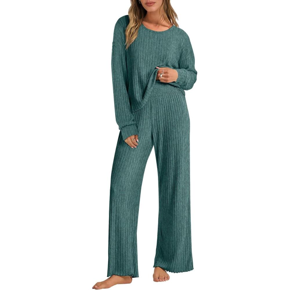 imageANRABESS Women 2 Piece Lounge Pajamas Sets Casual Ribbed Knit Long Sleeve Top Pants Matching Set 2025 Fall Outfits ClothesGreen