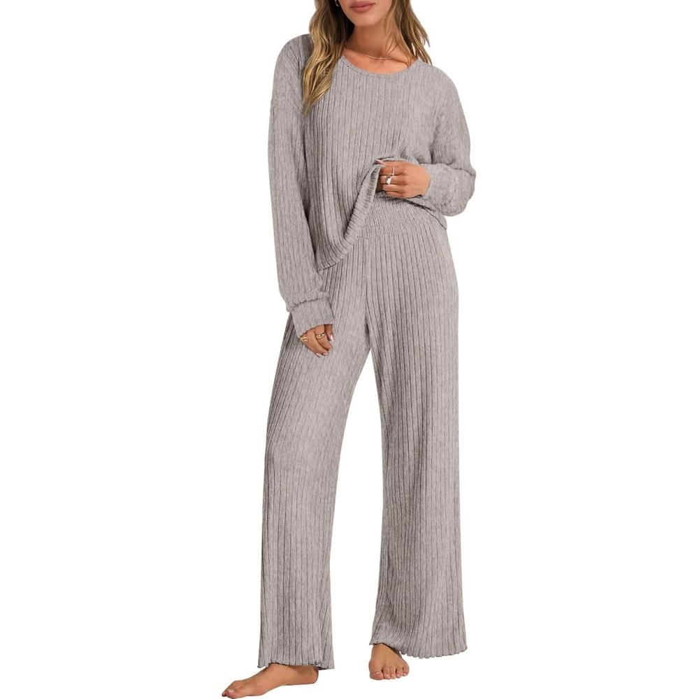 imageANRABESS Women 2 Piece Lounge Pajamas Sets Casual Ribbed Knit Long Sleeve Top Pants Matching Set 2025 Fall Outfits ClothesGrey Khaki