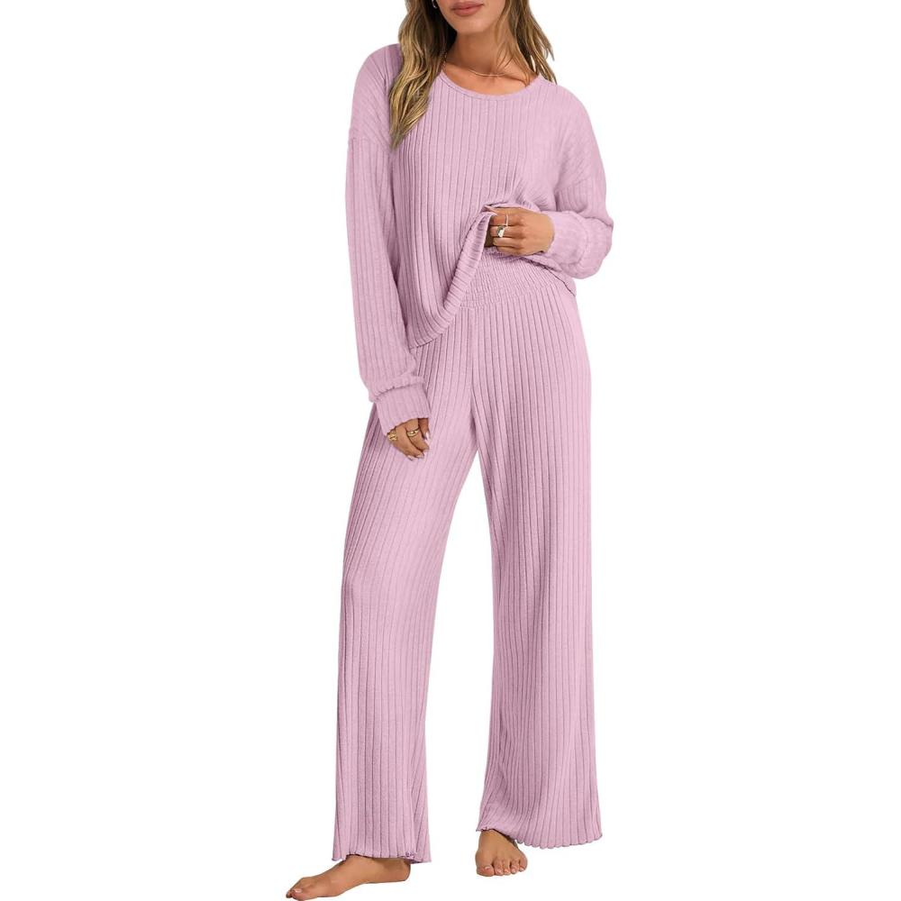 imageANRABESS Women 2 Piece Lounge Pajamas Sets Casual Ribbed Knit Long Sleeve Top Pants Matching Set 2025 Fall Outfits ClothesPink