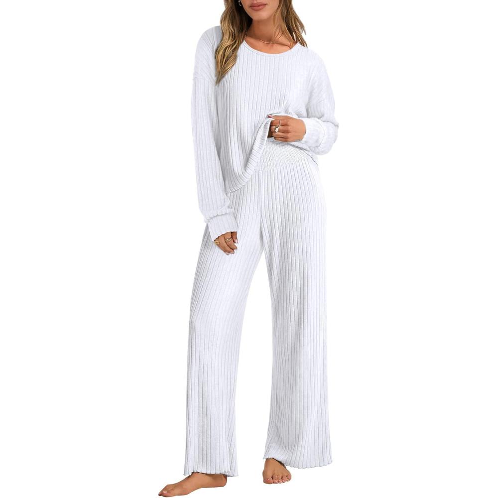 imageANRABESS Women 2 Piece Lounge Pajamas Sets Casual Ribbed Knit Long Sleeve Top Pants Matching Set 2025 Fall Outfits ClothesWhite