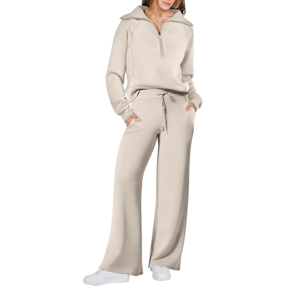 imageANRABESS Women 2 Piece Outfits 2025 Fall Fashion Airport Wide Leg Pants Lounge Set Leisure Travel Vacation Clothes SweatsuitsLight Khaki