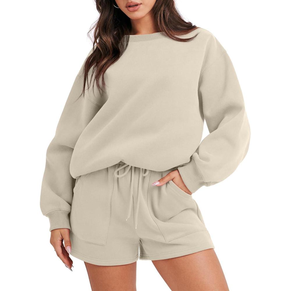 imageANRABESS Women 2 Piece Outfits Sweat Shorts Sets 2025 Oversized Casual Lounge Matching Set Sweatsuit Tracksuit Fall ClothesAlmond