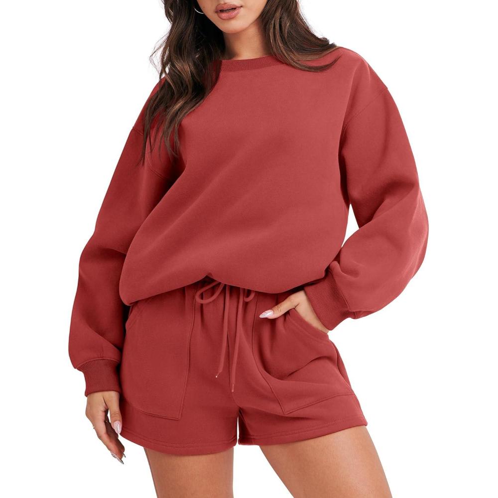 imageANRABESS Women 2 Piece Outfits Sweat Shorts Sets 2025 Oversized Casual Lounge Matching Set Sweatsuit Tracksuit Fall ClothesRust Red