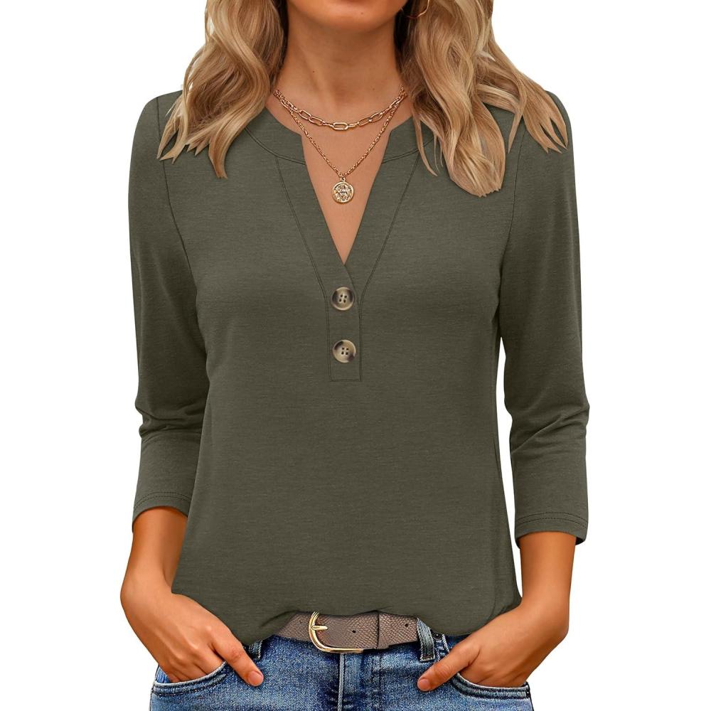 imageANRABESS Women 34 Length Sleeve Henley Tops V Neck Business Casual Work T Shirts Cute Travel Shirts 2025 Fall Trendy OutfitsArmy Green