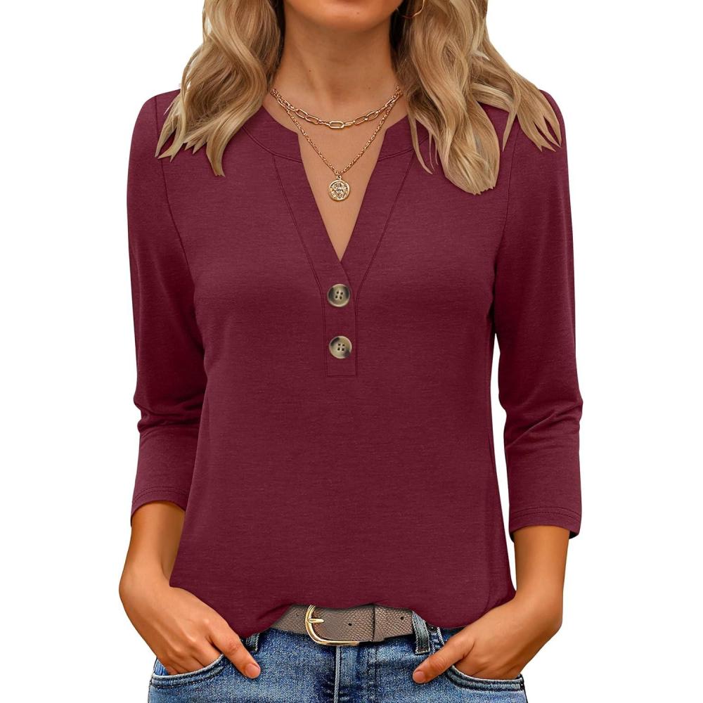 imageANRABESS Women 34 Length Sleeve Henley Tops V Neck Business Casual Work T Shirts Cute Travel Shirts 2025 Fall Trendy OutfitsBurgundy