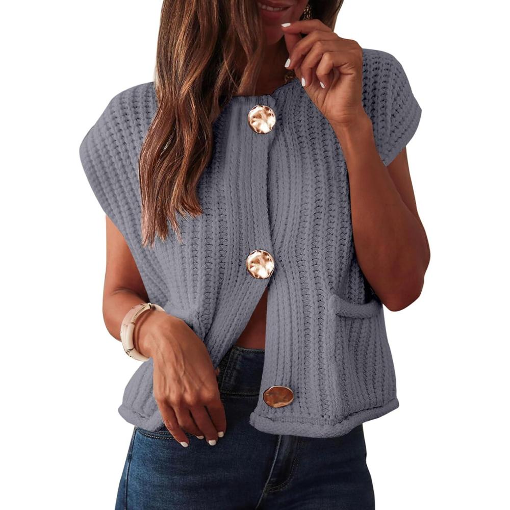 imageANRABESS Women Chunky Knit Sweater Vest Button Down Casual Sleeveless Cardigan with Pockets Spring Trendy Outfits 2025Gray