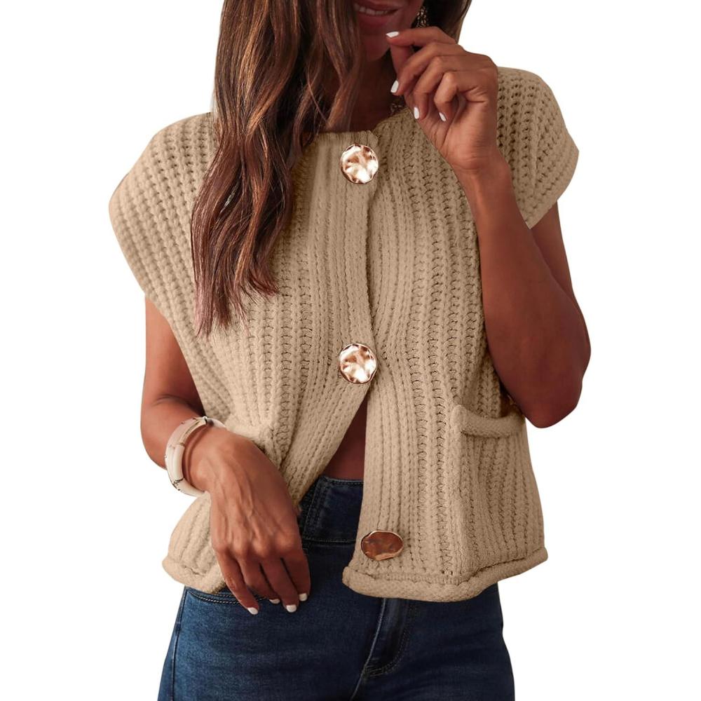 imageANRABESS Women Chunky Knit Sweater Vest Button Down Casual Sleeveless Cardigan with Pockets Spring Trendy Outfits 2025Khaki