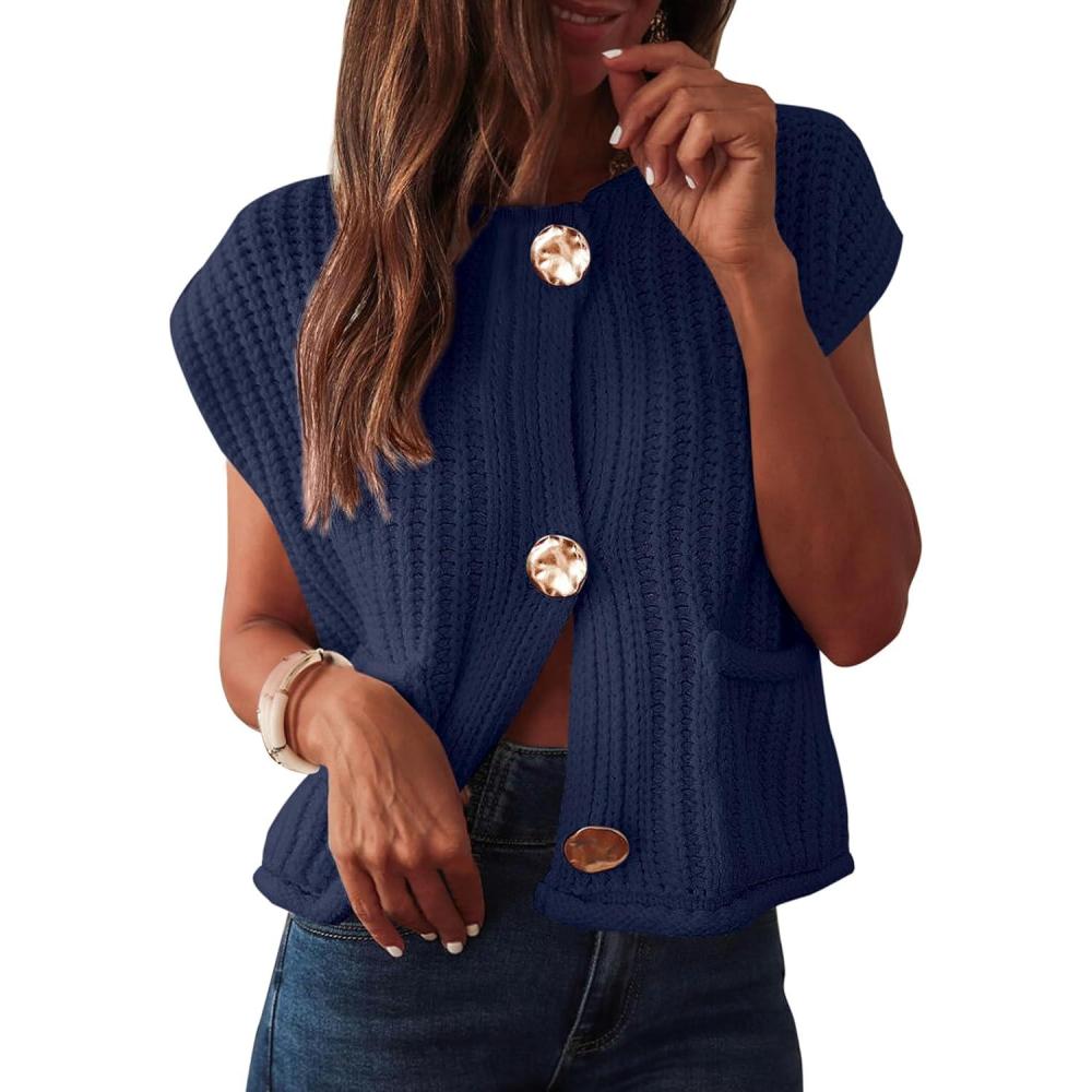 imageANRABESS Women Chunky Knit Sweater Vest Button Down Casual Sleeveless Cardigan with Pockets Spring Trendy Outfits 2025Navy Blue