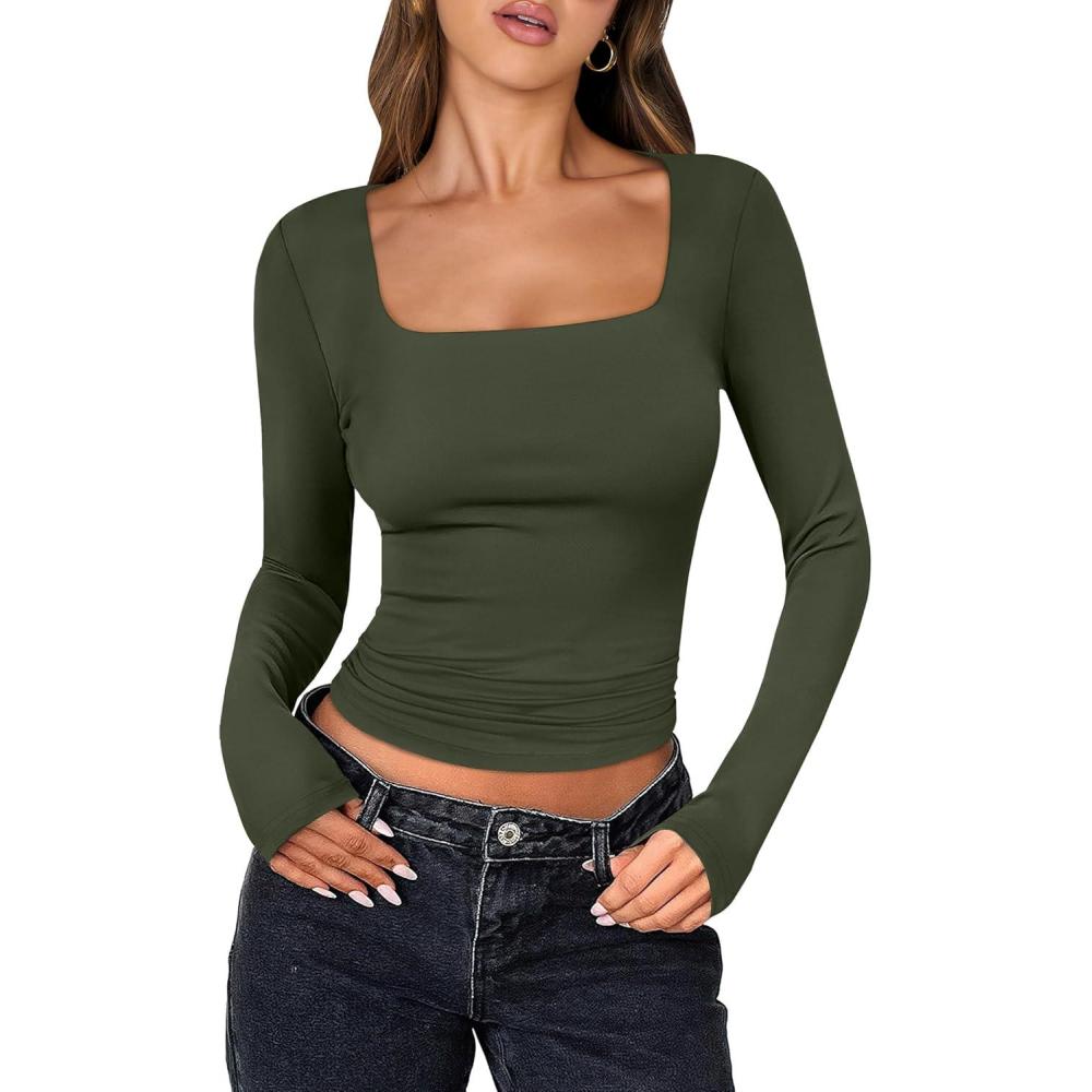 imageANRABESS Women Double Lined Long Sleeve Crop Tops Shirts Square Neck Tight Fitted Going Out TShirt Basic Tee Outfits 2025Army Green