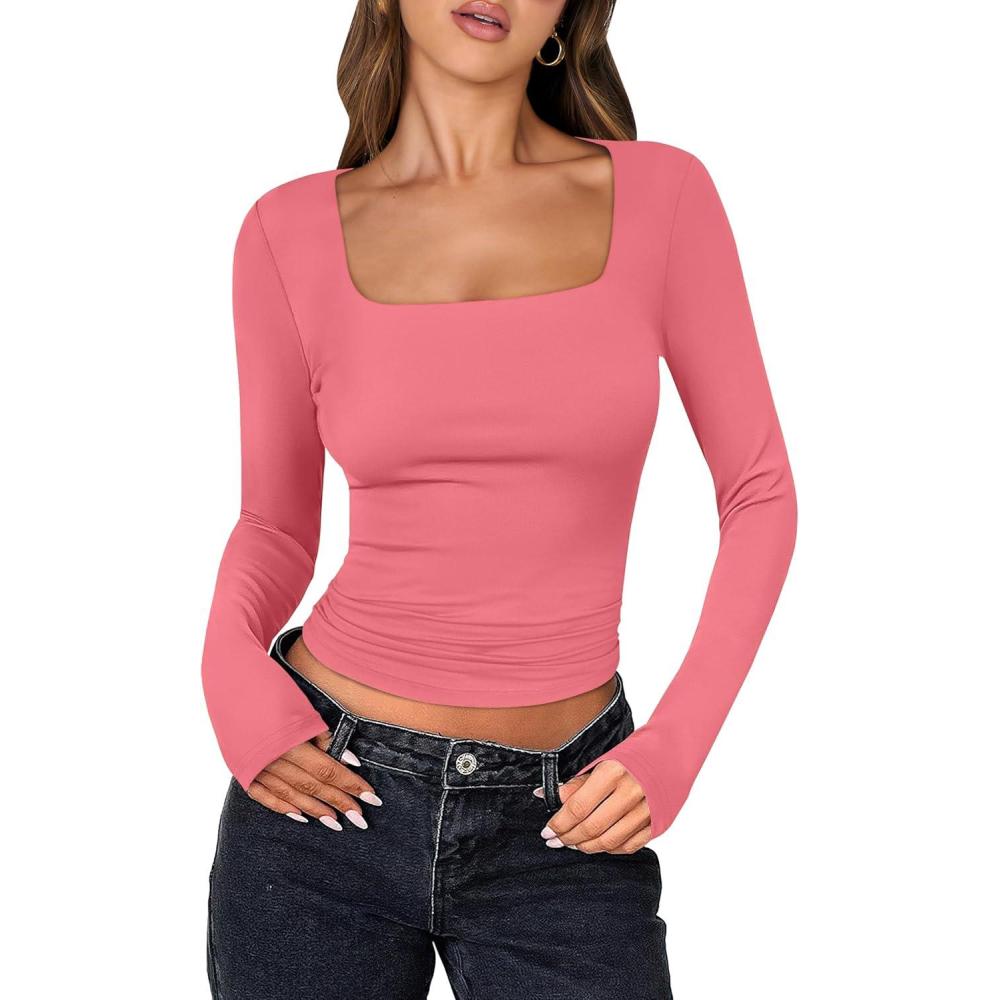 imageANRABESS Women Double Lined Long Sleeve Crop Tops Shirts Square Neck Tight Fitted Going Out TShirt Basic Tee Outfits 2025Bright Coral