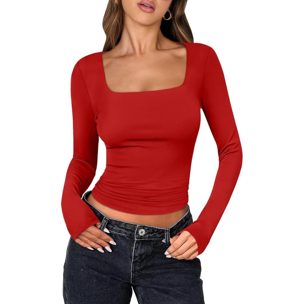 imageANRABESS Women Double Lined Long Sleeve Crop Tops Shirts Square Neck Tight Fitted Going Out TShirt Basic Tee Outfits 2025Bright Red