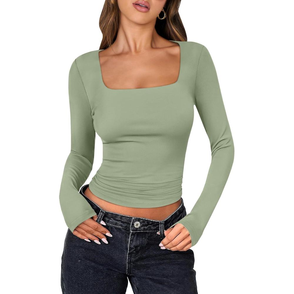 imageANRABESS Women Double Lined Long Sleeve Crop Tops Shirts Square Neck Tight Fitted Going Out TShirt Basic Tee Outfits 2025Pea Green