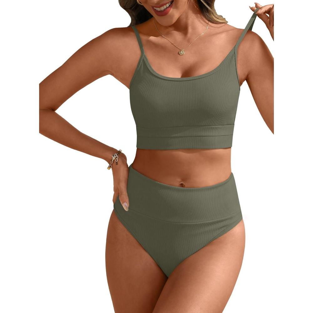 imageANRABESS Women High Waisted Bikini Sets Color Block Summer Beach Vacation 2 Piece Bathing Suit Tummy Control Ribbed SwimsuitArmy Green