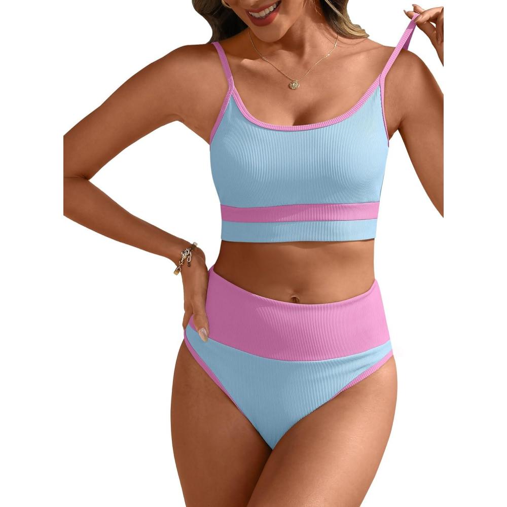 imageANRABESS Women High Waisted Bikini Sets Color Block Summer Beach Vacation 2 Piece Bathing Suit Tummy Control Ribbed SwimsuitBlue Pink