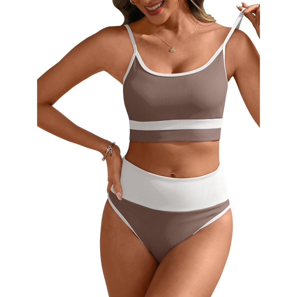 imageANRABESS Women High Waisted Bikini Sets Color Block Summer Beach Vacation 2 Piece Bathing Suit Tummy Control Ribbed SwimsuitBrown White