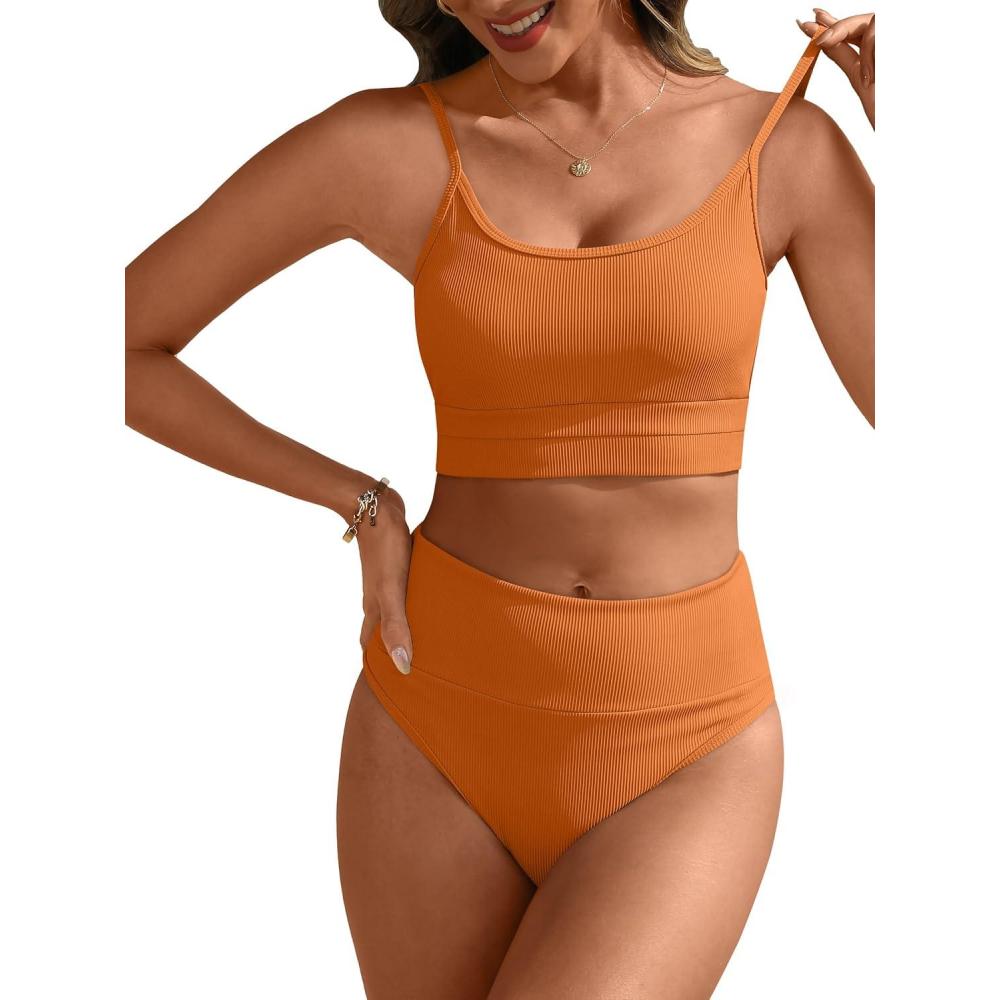 imageANRABESS Women High Waisted Bikini Sets Color Block Summer Beach Vacation 2 Piece Bathing Suit Tummy Control Ribbed SwimsuitOrange