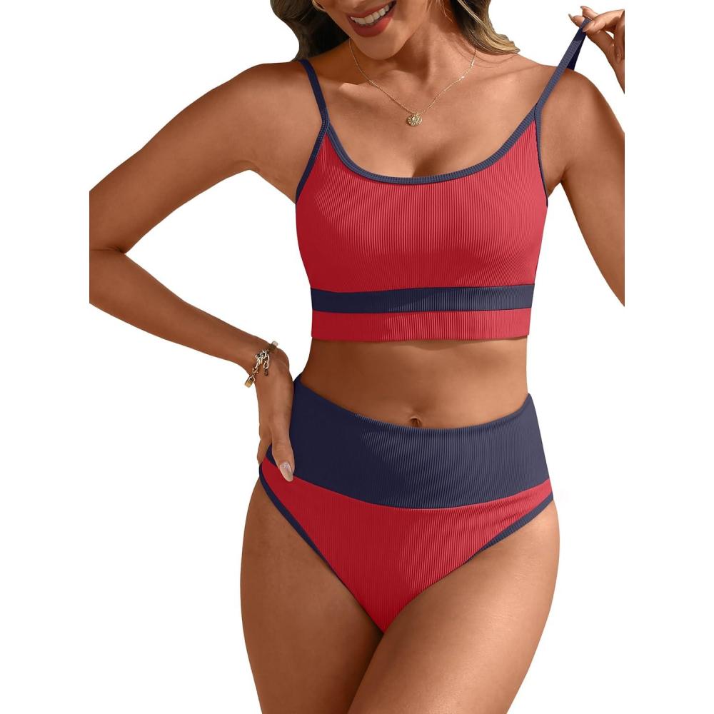 imageANRABESS Women High Waisted Bikini Sets Color Block Summer Beach Vacation 2 Piece Bathing Suit Tummy Control Ribbed SwimsuitRed Navy